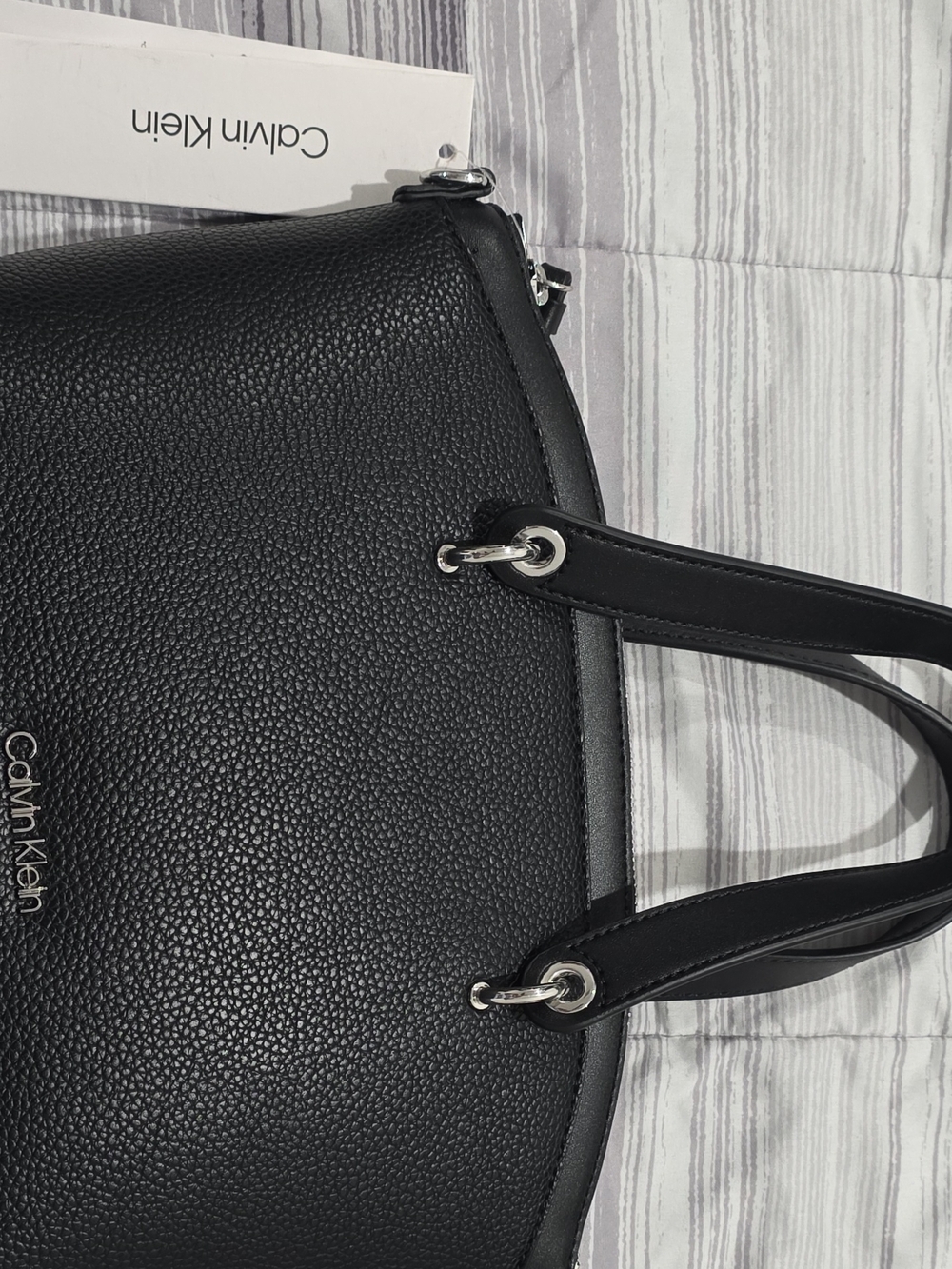 Calvin Klein Black Pebbled Leather Tote Bag with Silver Hardware